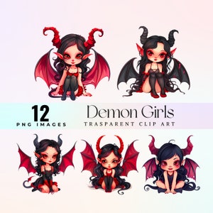 Ciemne dziewczyny demony clipart, akwarelowe małe diabelskie dziewczyny ilustracja PNG, urocze chibi fiendettes grafika sztuka, czarujące demoniczne słodziaki sztuka