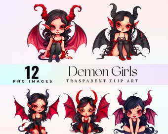 Watercolor Demon Girls Clip Art, Chibi Fiendettes PNG (Digital Download)