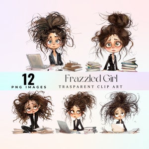 Clip art de chica agotada, ilustración de dama de trabajo cansada de acuarela PNG, chica de cabello desordenado agotada de estudiar arte gráfico, arte de mujer ansiosa