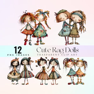 ClipArt di bambole di pezza carine, illustrazione PNG di adorabili bambole vintage dell'acquerello, arte grafica di piccoli giocattoli dei cartoni animati, opere d'arte di bambole in tessuto