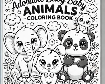May include: A black and white coloring book titled "Adorable Baby Animals Coloring Book." The cover features illustrations of a cartoon elephant, bunny, panda, and a cat with wings, surrounded by flowers, clouds, and stars.