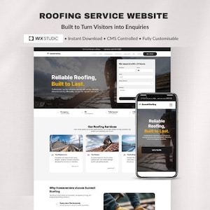 May include: A website design for a roofing service, displayed on a computer screen and a smartphone. The website features the text "Reliable Roofing, Built to Last." The design includes images of roofing work and a contact form.