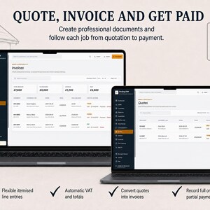 May include: Two laptops displaying Roofing CRM software interfaces for managing business quotes and invoices. The screens show tables with financial data, customer names, and status updates. Text at the top reads: QUOTE, INVOICE AND GET PAID.