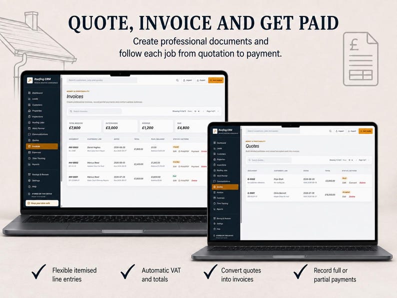 May include: Two laptops displaying Roofing CRM software interfaces for managing business quotes and invoices. The screens show tables with financial data, customer names, and status updates. Text at the top reads: QUOTE, INVOICE AND GET PAID.