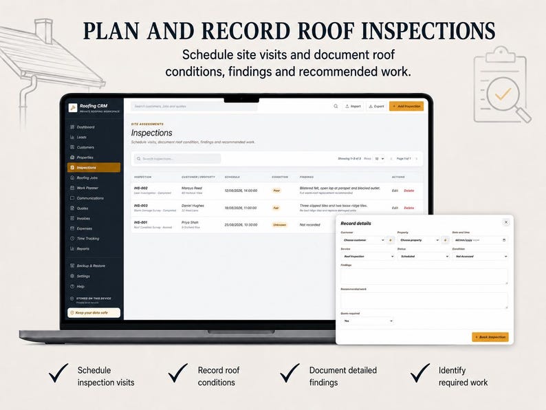 May include: A laptop screen displaying Roofing CRM software for roof inspections, featuring a dashboard with inspection lists, customer names, dates, and a record details pop-up window. Text includes PLAN AND RECORD ROOF INSPECTIONS.