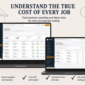 May include: Two laptops displaying Roofing CRM software. The screens show dashboards for tracking expenses and labor time. Text reads: UNDERSTAND THE TRUE COST OF EVERY JOB. Track business spending and labour time for more accurate job costing.