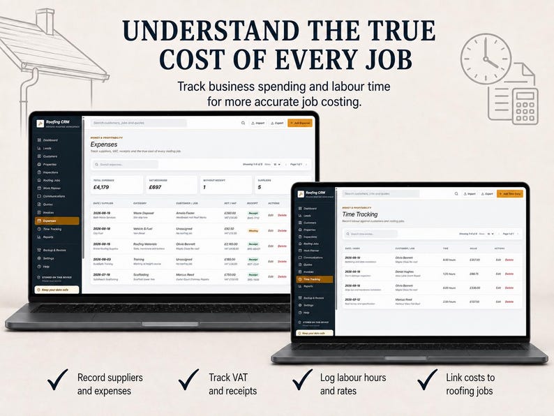 May include: Two laptops displaying Roofing CRM software. The screens show dashboards for tracking expenses and labor time. Text reads: UNDERSTAND THE TRUE COST OF EVERY JOB. Track business spending and labour time for more accurate job costing.