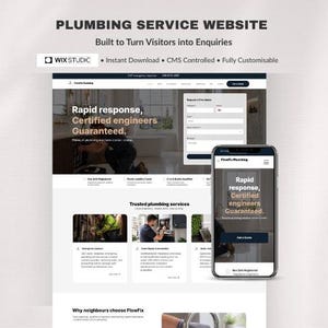 Könnte beinhalten: Webdesign für einen Klempnerdienst, angezeigt auf einem Laptop und einem Smartphone. Die Website zeigt den Text "Schnelle Reaktion, zertifizierte Ingenieure garantiert." Das Design umfasst ein Kontaktformular und Leistungsbeschreibungen.