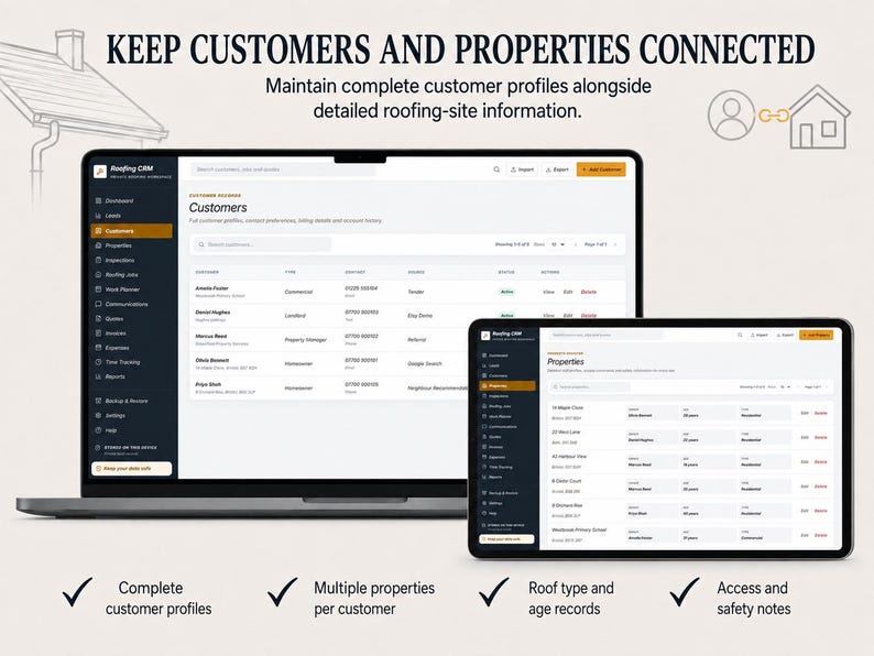 May include: A laptop and a tablet displaying Roofing CRM software. The screens show customer and property management interfaces with lists, navigation sidebars, and data tables. Text includes KEEP CUSTOMERS AND PROPERTIES CONNECTED.