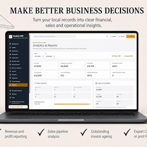 May include: A laptop displaying the Roofing CRM Analytics and Reports dashboard. The screen shows financial data including invoices, payments, expenses, and sales pipeline metrics. Text reads: MAKE BETTER BUSINESS DECISIONS. Turn your local records into clear financial, sales and operational insights.