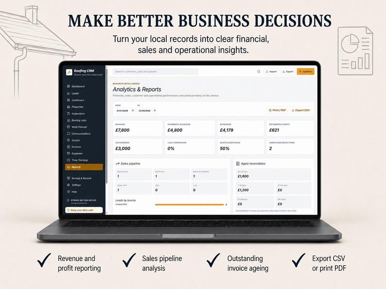 May include: A laptop displaying the Roofing CRM Analytics and Reports dashboard. The screen shows financial data including invoices, payments, expenses, and sales pipeline metrics. Text reads: MAKE BETTER BUSINESS DECISIONS. Turn your local records into clear financial, sales and operational insights.
