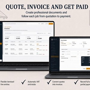 May include: Two laptops displaying Roofing CRM software. The left screen shows an invoice dashboard with financial data. The right screen displays a record details form for job entries. Text reads: QUOTE, INVOICE AND GET PAID, Flexible itemised line entries, Automatic VAT and totals, Convert quotes into invoices, Record full or partial payments.