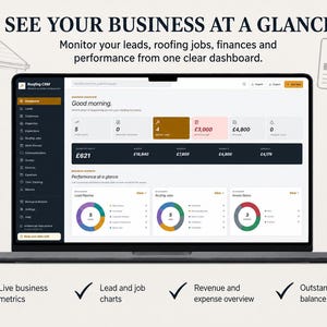 May include: A laptop screen displaying a Roofing CRM dashboard with business metrics, lead pipelines, and financial charts. The interface includes text headers like SEE YOUR BUSINESS AT A GLANCE and various data visualizations for roofing jobs.