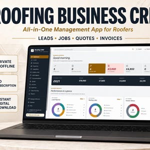 May include: A laptop displaying a Roofing Business CRM dashboard with sections for leads, jobs, quotes, and invoices. The screen shows business metrics, charts, and navigation menus. Text includes "ROOFING BUSINESS CRM" and "PRIVATE & OFFLINE".