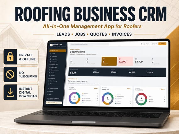 Roofing Business CRM Browser App | Roofer Job Tracker, Customer Manager, Quotes, Invoices, Expenses & Reports | Digital Download
