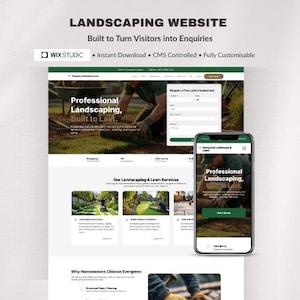 May include: A website design for a landscaping business, shown on a laptop and a smartphone. The website displays the text "Professional Landscaping, Built to Last." The design is modern, with images of landscaping work.