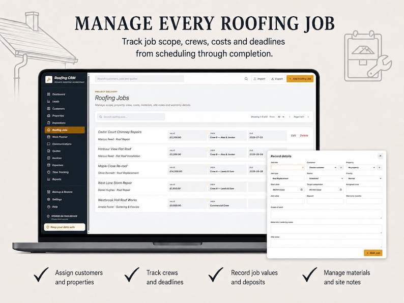 May include: A laptop screen displaying Roofing CRM software with a list of roofing jobs, including columns for value, crew, and date. A pop-up window shows record details for job entry. Text reads: MANAGE EVERY ROOFING JOB, Track job scope, crews, costs and deadlines.