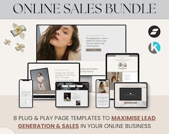 Könnte beinhalten: Werbung für ein Online-Verkaufspaket. Das Bild zeigt verschiedene digitale Geräte, die Website-Vorlagen anzeigen. Der Text enthält "Online Sales Bundle", "8 Plug & Play Page Templates" und "Free Email Templates Included!"