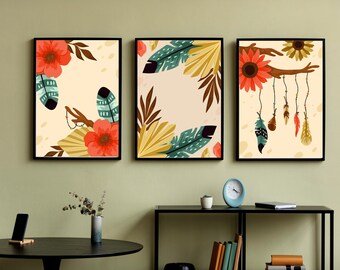 Tropical Leaves and Flowers Print, Set of 3 Art Print, Monstera Poster, Tropical Plant, Modern Art, Home Decor, vector art print