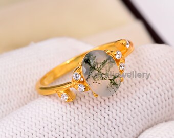 Natural Moss Agate engagement ring 14k gold unique oval engagement ring vintage Cluster Side Round Moissanite wedding Ring promise ring