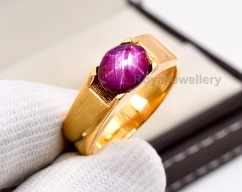 Natural star ruby ring for men 14k gold statement designer ring AAA gemstone ring for him 6ray ruby gemstone personalized jewellery ring