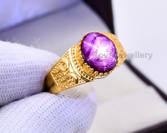 Natural star ruby ring for men 14k gold statement designer ring AAA gemstone ring for him 6ray ruby gemstone