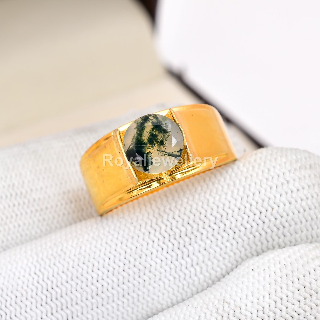 Gold Men S Rings For Sale 2026.Premium Moss Agate 14k Gold Men Rings, 8mm Round Gemstone Engagement ...