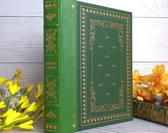 1982 Franklin Library, Aisopos fabler, Grandville-illustrationer, VACKER BINDNING, grönt läder och förgylld design, Som ny, presentvärdig bok.