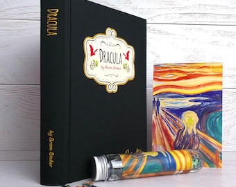 Bram Stoker, Drácula, libro de tapa dura de colección de lujo, edición especial, bordes de página rociados, coleccionable, ¡con el rompecabezas del grito de Munch!