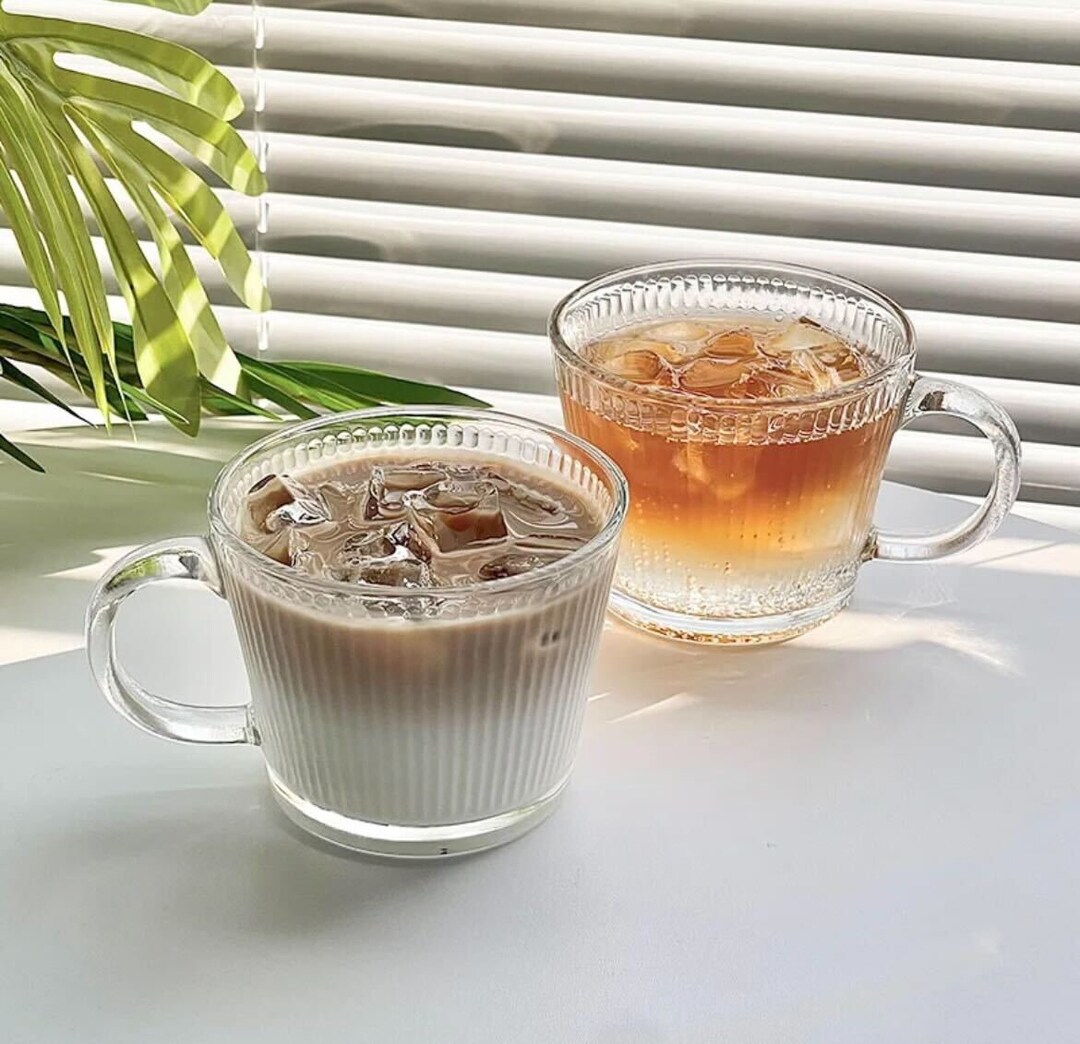Set of Two Glass Ribbed Coffee Cups Mugs Glass Heat Resistant Luxury