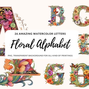 Alphabet Watercolor PNG, 26 Floral Letters Clipart, Digital Printing, Planner Stickers, Scrapbook, Journal, Paper Art - DIY Projects and Gifts