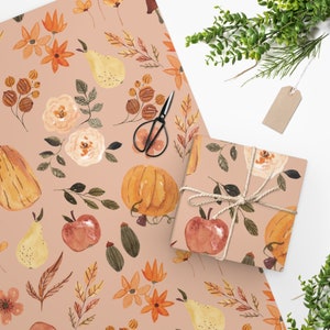 Autumn Wrapping Paper, Fall Wrapping Paper, Pumpkins and Apples Paper, Cottagecore, Pastel Academia