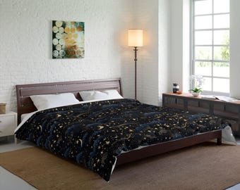 May include: A dark comforter with a celestial design featuring gold stars, crescent moons, and stylized clouds on a black background. The bedding is on a wooden bed frame in a bedroom setting.