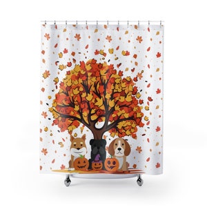 Halloween dogs in a leaf shower curtain, Shower Curtains