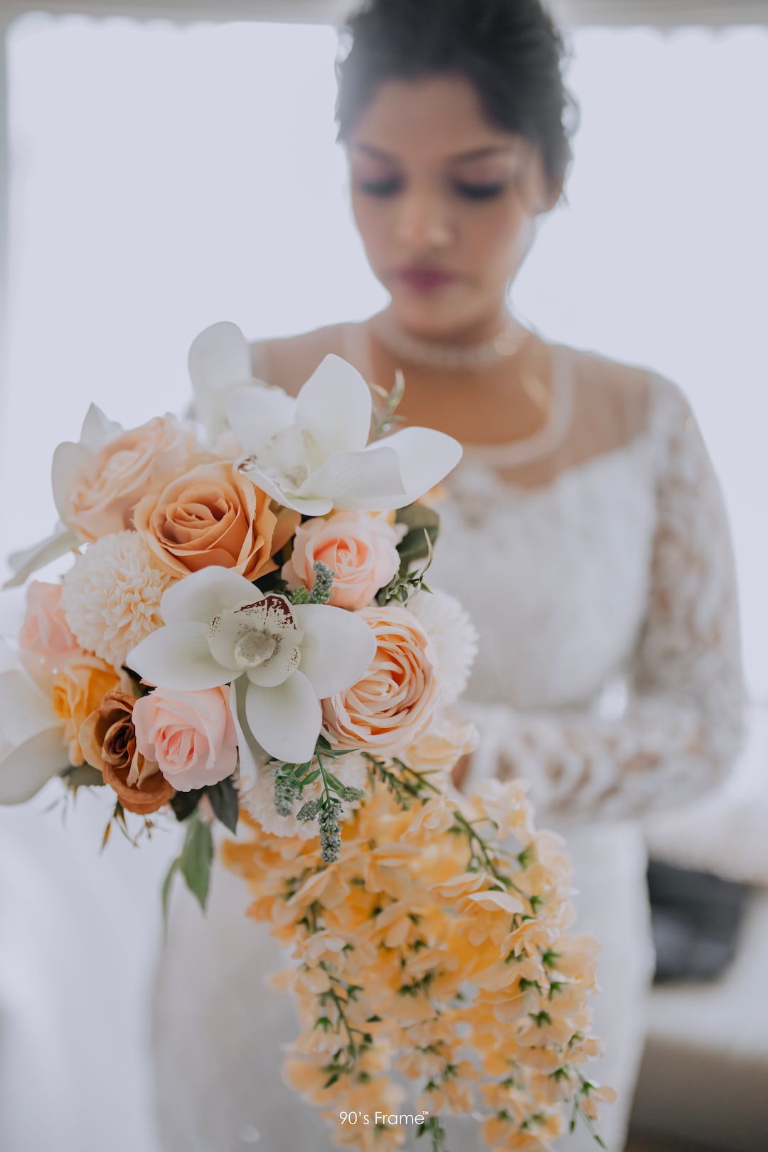 Peach and Ivory Cascading Bridal Bouquet: Roses, Orchids, Wisteria ...