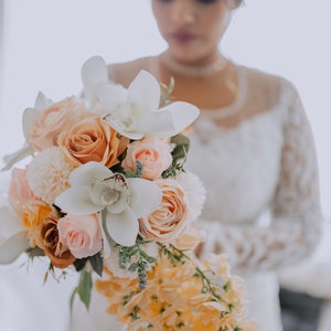 Ivory and peach cascading Bridal bouquet Orchid roses and wisteria wedding bouquet unique pageant style fall bouquet bridesmaid bouquet