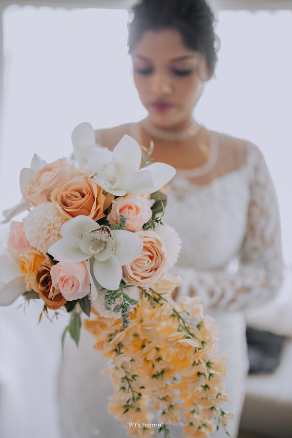 Peach and Ivory Cascading Bridal Bouquet: Roses, Orchids, Wisteria - Etsy
