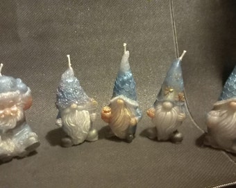 juego de 5 velas navideñas, Papá Noel con gnomos, azul