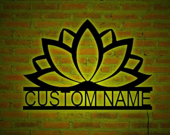 Custom Lotus Flower Wall Art With LED Lights, Lotus Flower Decor Name Sign, Lotus Flower RGB LED Light Sign, Christmas Gift, Birthday Gift