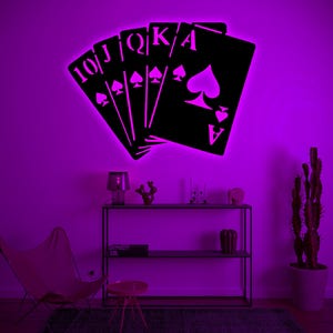Arte mural de cartas de póker con luces LED - Letrero LED de póker - Letrero luminoso LED RGB de póker - Regalo de Navidad - Decoración de pared de casino - Letrero de arte mural de juegos de azar