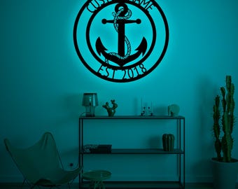 Personalized Anchor RGB Led Sign Decor-Beach House Wall Sign-Anchor Name Sign-Anchor Sign Metal-Anchor Wall Decor-Birthday Christmas Gift