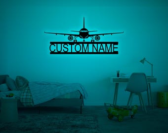 Custom Airplane Wall Art RGB LED Light Personalized Pilot Name Sign Home Decor Aircraft Hangar Decoration Airforce Housewarming Xmas Gifts