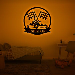 Gepersonaliseerde skelter RGB led-muursticker verlicht aangepaste naam Go Kart Racing-aangepast naambord racer-Go-kart kinderkamer decor-Verjaardag kerstcadeau
