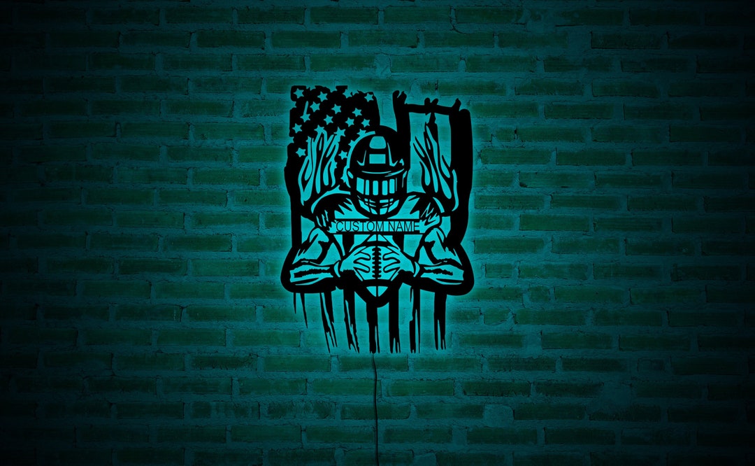 Custom American Football Wall Art With LED Lights, Custom Football Name