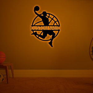 Benutzerdefinierte Name Basketball Wandkunst mit Led Licht-Basketball Hoop Wand Dekor-Basketball-Liebhaber Geschenke-Basketball Namen Schild-Kinderzimmer Dekor Sport
