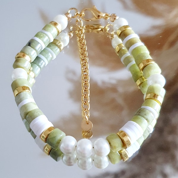 Bracelet Vésuvianite Idocrase et Perle de Nacre | Bracelet Vert et Blanc Fait Main - Idée Cadeau Femme style Bohème