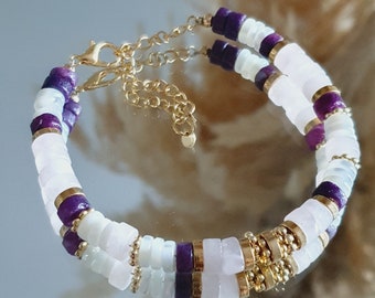 Rose Quartz Bracelet for Women - Lepidolite Stone - Boho Style Shell Bracelet - Gift Idea for Her