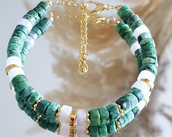Green Turquoise African Heishi Bracelet in Natural Stones | White Jade and Rose Quartz | Boho Flat Beads for Women