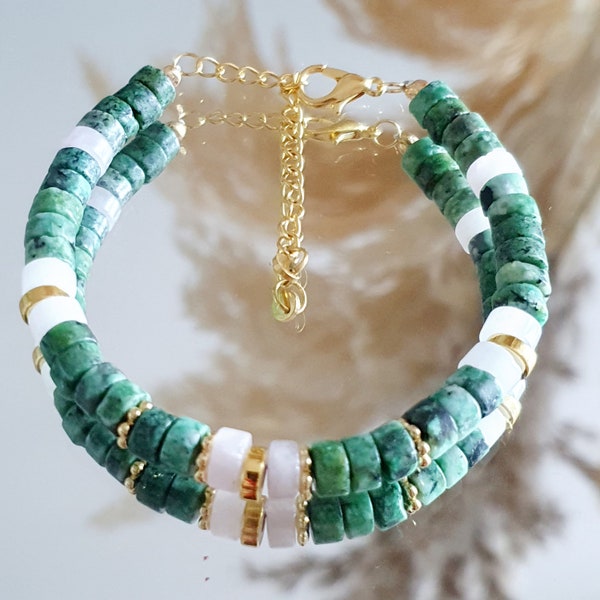 Bracelet Heishi Africain Turquoise Verte en Pierres Naturelles -  Bracelet protection - Jade blanc et Quartz Rose