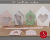SVG Datei mit Schnittmuster zum Basteln von Häusern aus Pappe - Stern, Kreis, Herz -  Plotterdatei - Plotter File Vogelhäuschen, Vorlage